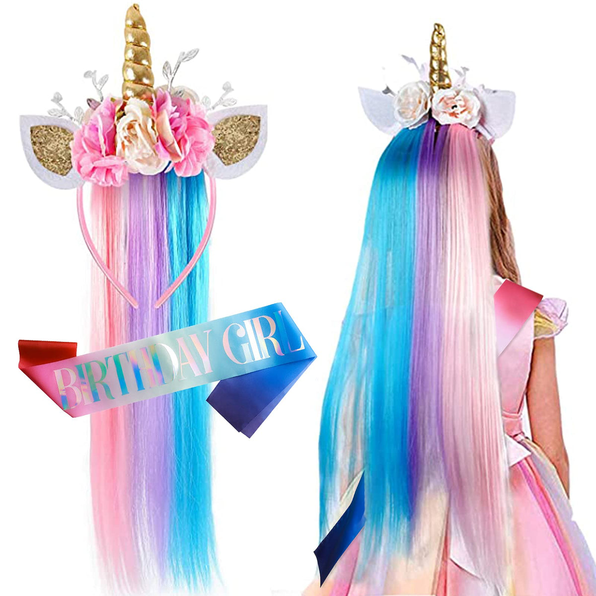 Lorfancy Unicorn Headband and Costume for Girls - Birthday Party Favors Halloween Decorations Gifts for Kids (Headband + Sash)